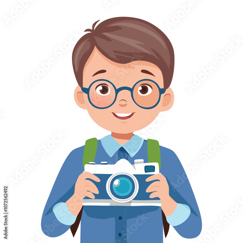 Illustration of a boy who likes holding a camera and smiling