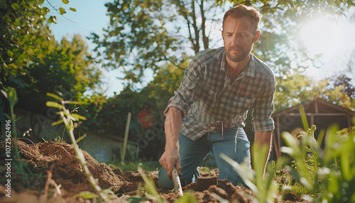 Caucasian Garden Specialist with Rake Preparing Soil For Natural Grass Turfs Installation. Landscaping Theme photo