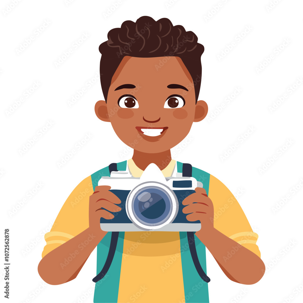 Illustration of a boy who likes holding a camera and smiling Illustration of a boy who likes holding a camera and smiling