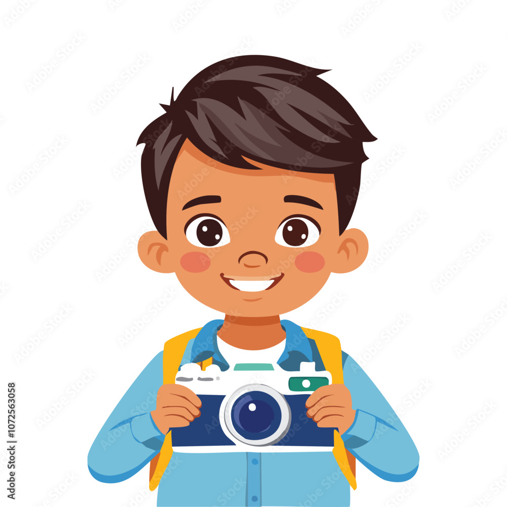 Illustration of a boy who likes holding a camera and smiling Illustration of a boy who likes holding a camera and smiling