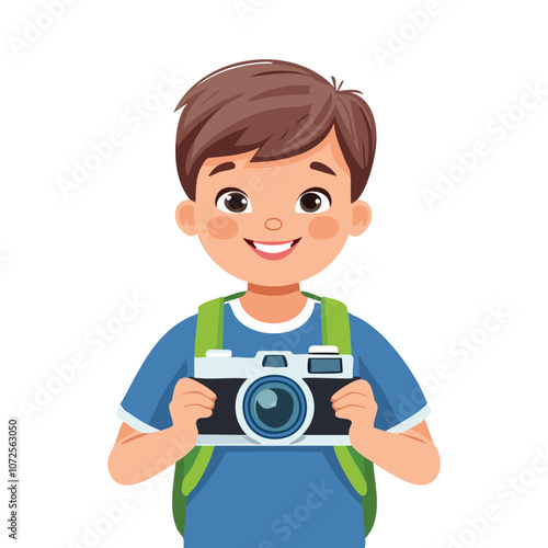 Illustration of a boy who likes holding a camera and smiling