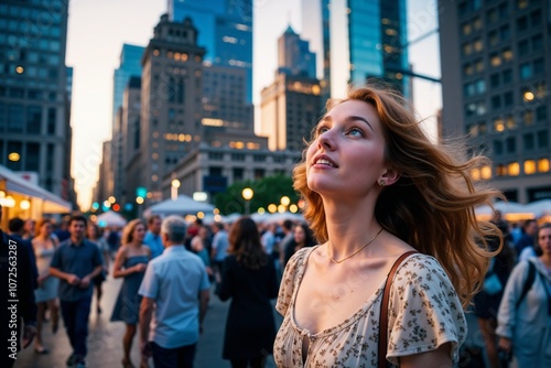 Young Woman Looking Upward in a Bustling City Street at Sunset