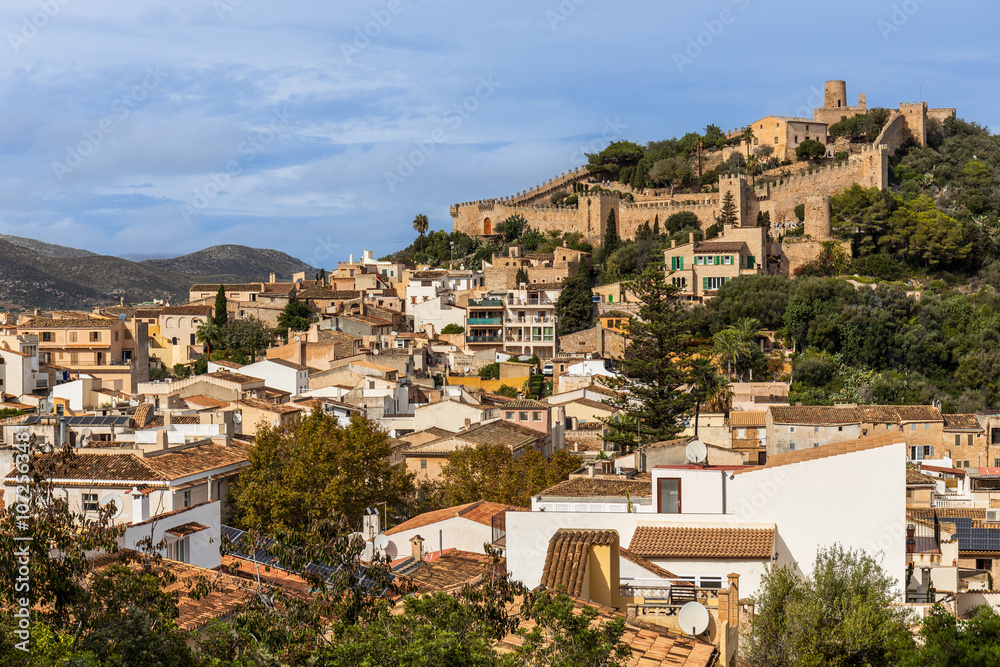 Obraz premium The Castle of Capdepra on the hill above the small town of Capdepera, Mallorca, Majorca, Balearic Islands, Spain, Europe