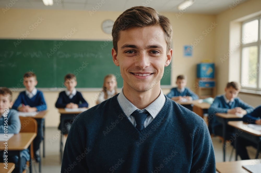 Close portrait of a smiling young Moldovan male elegant primary school teacher standing and looking at the camera, indoors almost empty classroom blurred background Close portrait of a smiling young Moldovan male elegant primary school teacher standing and looking at the camera, indoors almost empty classroom blurred background