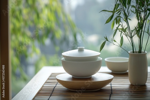 Tea ceremony. close up Green tea white set on a wooden table with bamboo backdrop.