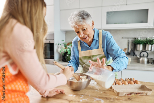 grandchild family child granddaughter together grandmother cooking kitchen food baking woman grandparent preparation homemade dough ingredient flour making cake kneading