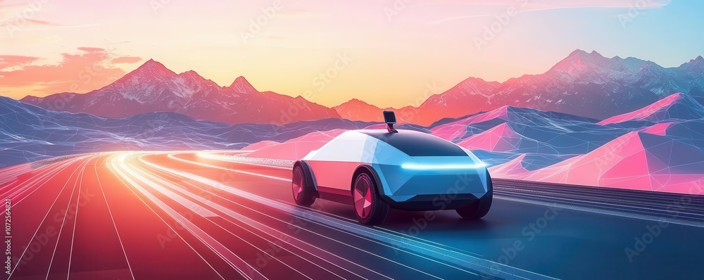 Autonomous vehicle on futuristic road, Cinnamon Slate backdrop, flat design illustration Autonomous vehicle on futuristic road, Cinnamon Slate backdrop, flat design illustration