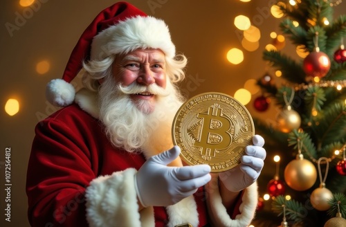 Santa Claus holding a bitcoin coin in his hands, Cryptocurrency as a gift for the new year. 