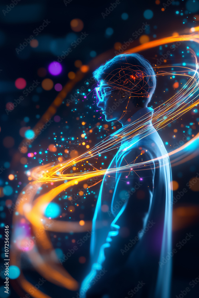 A person in profile is surrounded by swirling, colorful lights, creating a vibrant atmosphere A person in profile is surrounded by swirling, colorful lights, creating a vibrant atmosphere