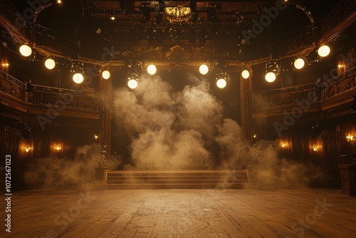 In a vintage retro style, the dark room of the theater is lit by spotlights and smoke and the stage is empty for a performance or presentation