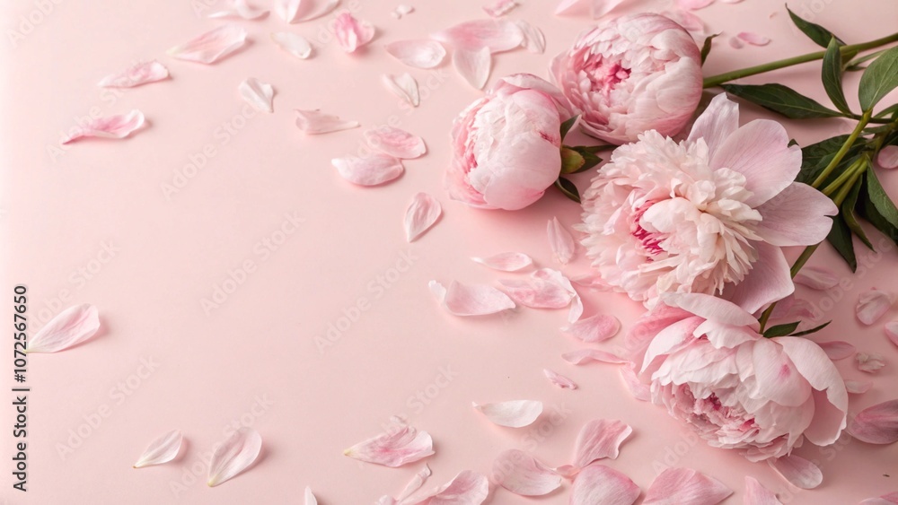 Delicate pink peonies and scattered petals on a pastel pink background. A romantic and soft floral arrangement symbolizing beauty, elegance, and feminine charm. Delicate pink peonies and scattered petals on a pastel pink background. A romantic and soft floral arrangement symbolizing beauty, elegance, and feminine charm.