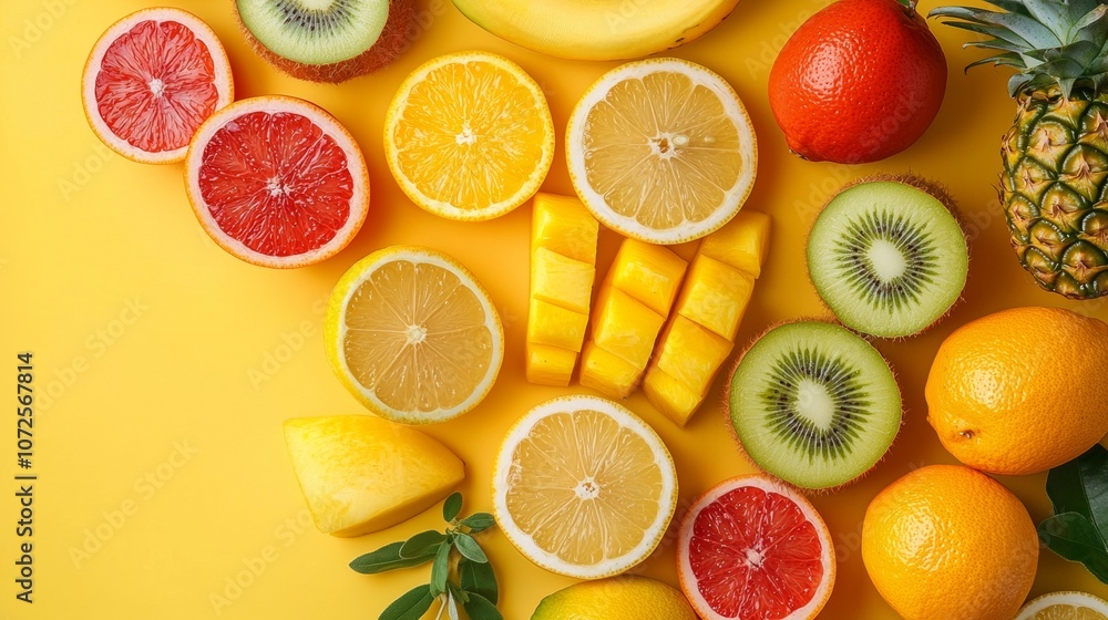 Assorted tropical fruits on vibrant yellow background Assorted tropical fruits on vibrant yellow background