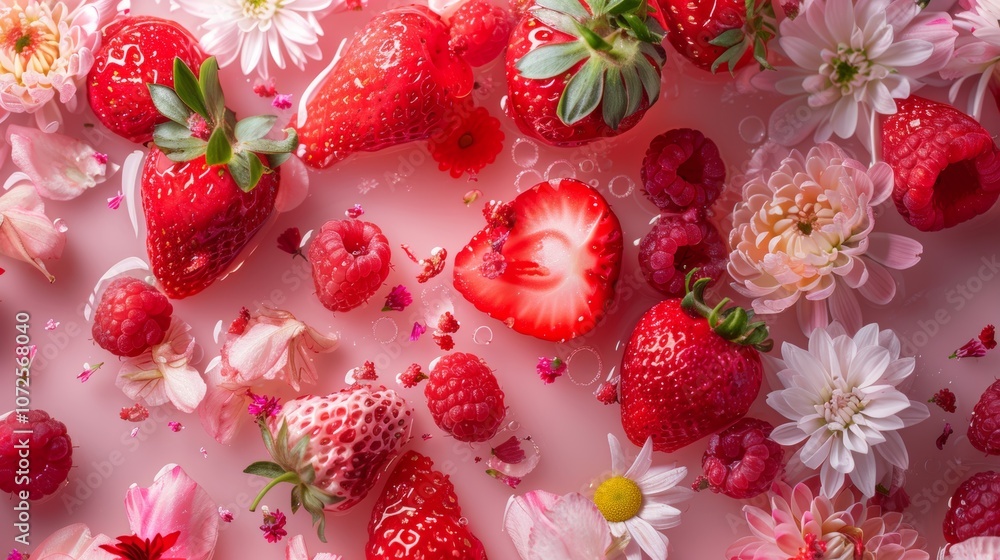 Red berries and pink flowers on a soft pastel background Red berries and pink flowers on a soft pastel background