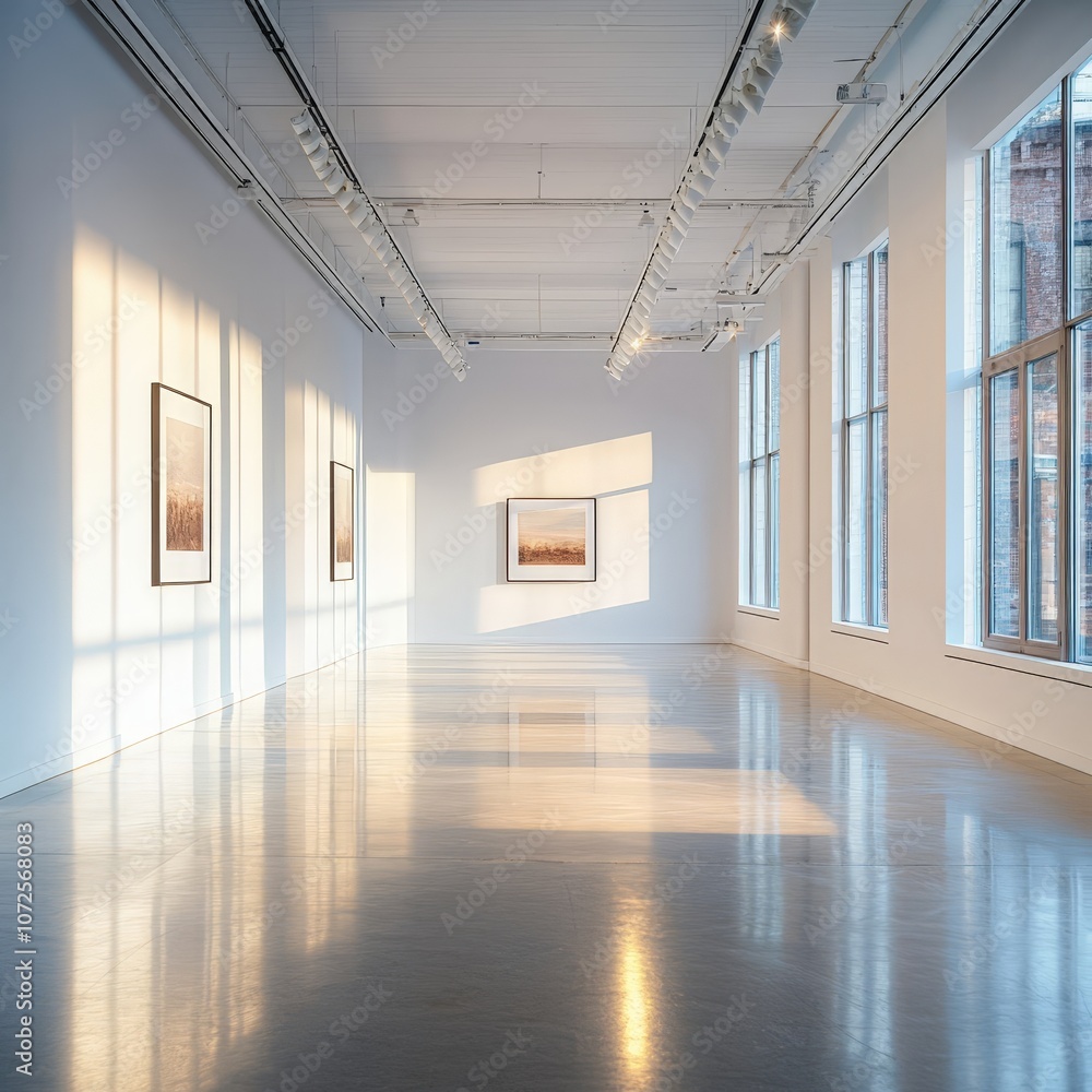 Fototapeta premium Minimalist white gallery interior with spotlights, ideal for showcasing modern art pieces