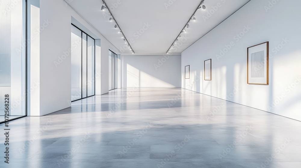 Minimalist white gallery interior with spotlights, ideal for showcasing modern art pieces Minimalist white gallery interior with spotlights, ideal for showcasing modern art pieces