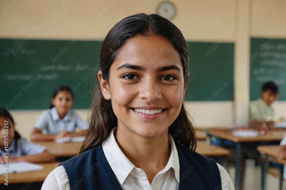 Close portrait of a smiling young Salvadoran female elegant primary school teacher standing and looking at the camera, indoors almost empty classroom blurred background