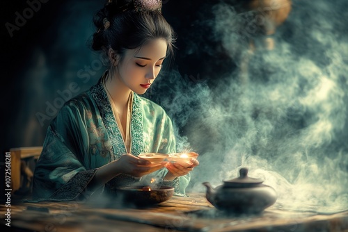 Tea ceremony. A young woman dressed in a kimono. meditates in nature.