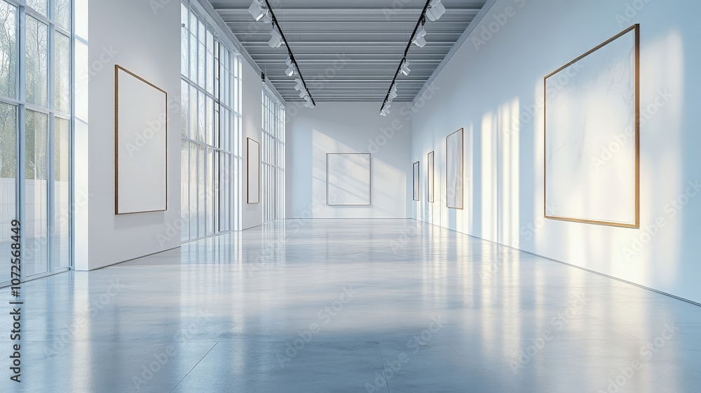 Minimalist white gallery interior with spotlights, ideal for showcasing modern art pieces Minimalist white gallery interior with spotlights, ideal for showcasing modern art pieces