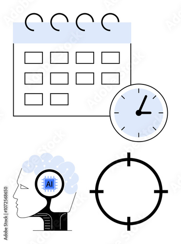 Calendar with multiple dates, clock, human brain with AI, and crosshair target. Ideal for time management, scheduling, artificial intelligence, planning precision productivity and focus. Line