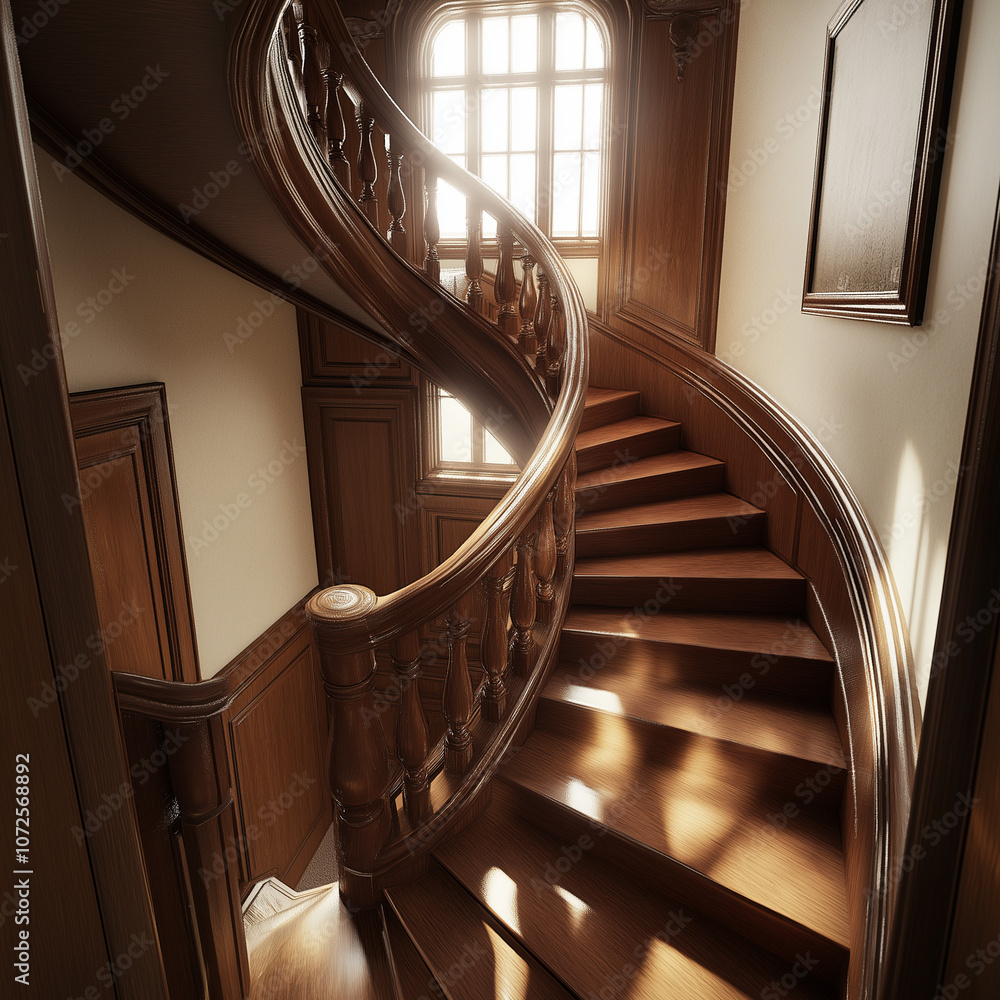 Obraz premium Elegant Mahogany Banister Point of View with Perspective of Mansion Hallway