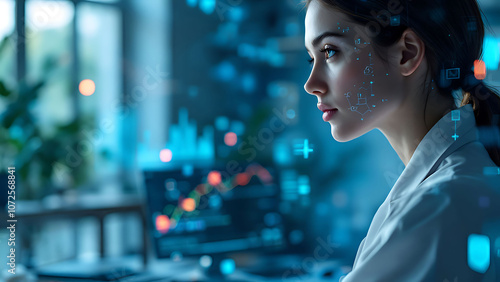 a woman with a futuristic face and headpieces on her face looking at a computer screen with a city in the background, computer art, cybernetics, a computer rendering photo