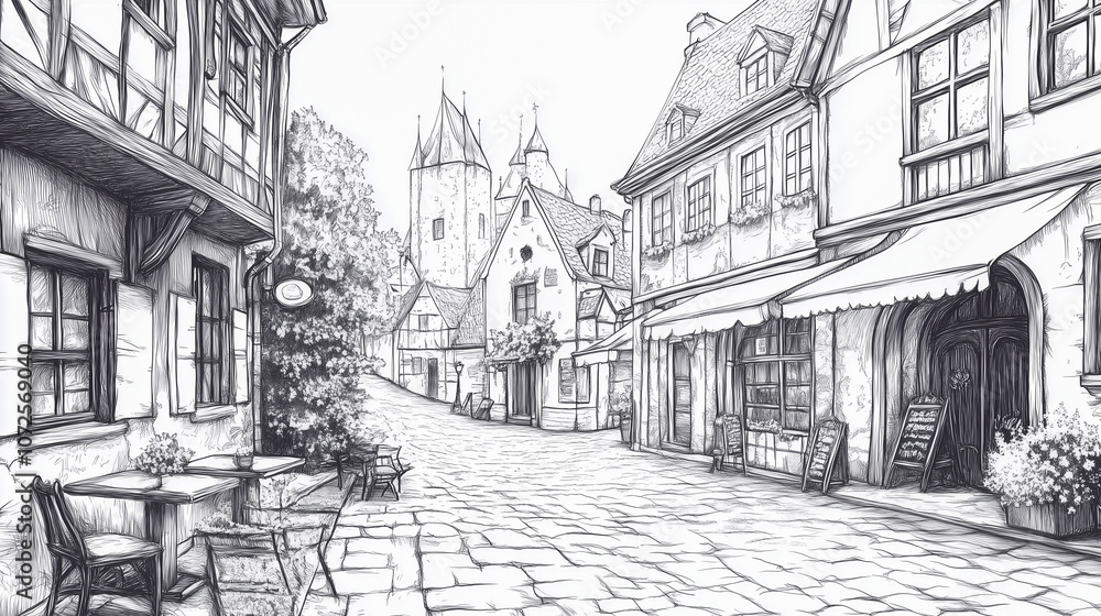 Street with buildings and cafe in old city. Cityscape - houses, buildings on alleyway. Old city view. Medieval European landscape. Urban landscape illustration. Drawn vector sketch Street with buildings and cafe in old city. Cityscape - houses, buildings on alleyway. Old city view. Medieval European landscape. Urban landscape illustration. Drawn vector sketch