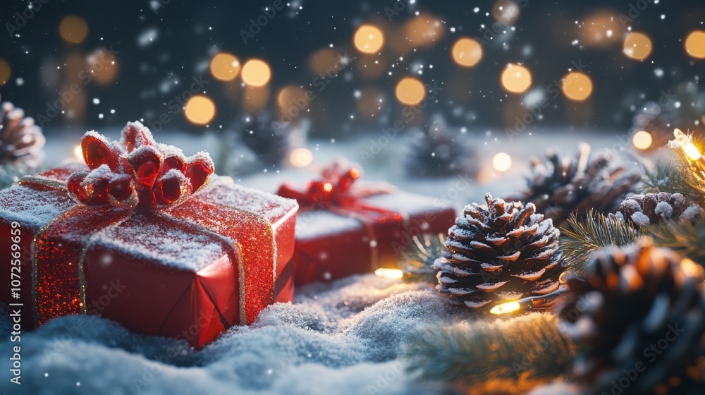 Festive holiday scene with wrapped gifts in snow, twinkling lights, and snowy pinecones, perfect for Christmas celebration and winter themes. Festive holiday scene with wrapped gifts in snow, twinkling lights, and snowy pinecones, perfect for Christmas celebration and winter themes.