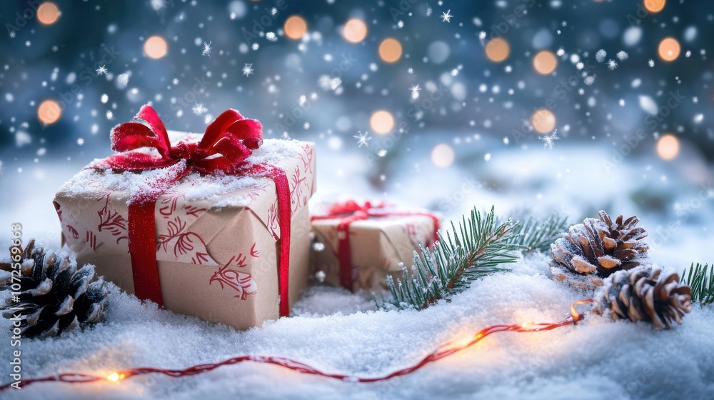 Festive holiday scene with wrapped gifts in snow, twinkling lights, and snowy pinecones, perfect for Christmas celebration and winter themes. Festive holiday scene with wrapped gifts in snow, twinkling lights, and snowy pinecones, perfect for Christmas celebration and winter themes.