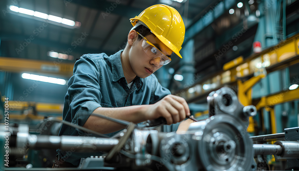 american factory male worker. Engineer man worker in plant production drilling at machine in smart factory wearing yellow hard hat safety first at mechanic factory american factory male worker. Engineer man worker in plant production drilling at machine in smart factory wearing yellow hard hat safety first at mechanic factory