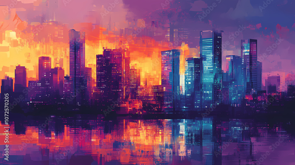 Fototapeta premium Abstract colorful city background, digital glitch art, generative ai. Abstract. Illustration