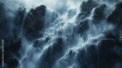 Foam from a waterfall cascading down rocks, creating soft, misty clouds in the air.