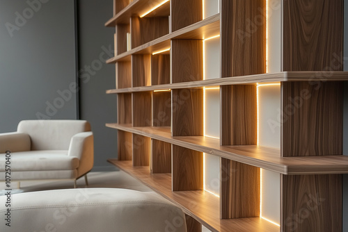 modern wooden bookcase with subtle led lighing