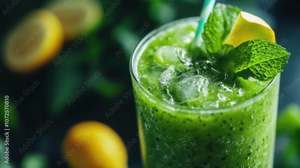 Fresh green smoothie with mint leaves and fruits Fresh green smoothie with mint leaves and fruits