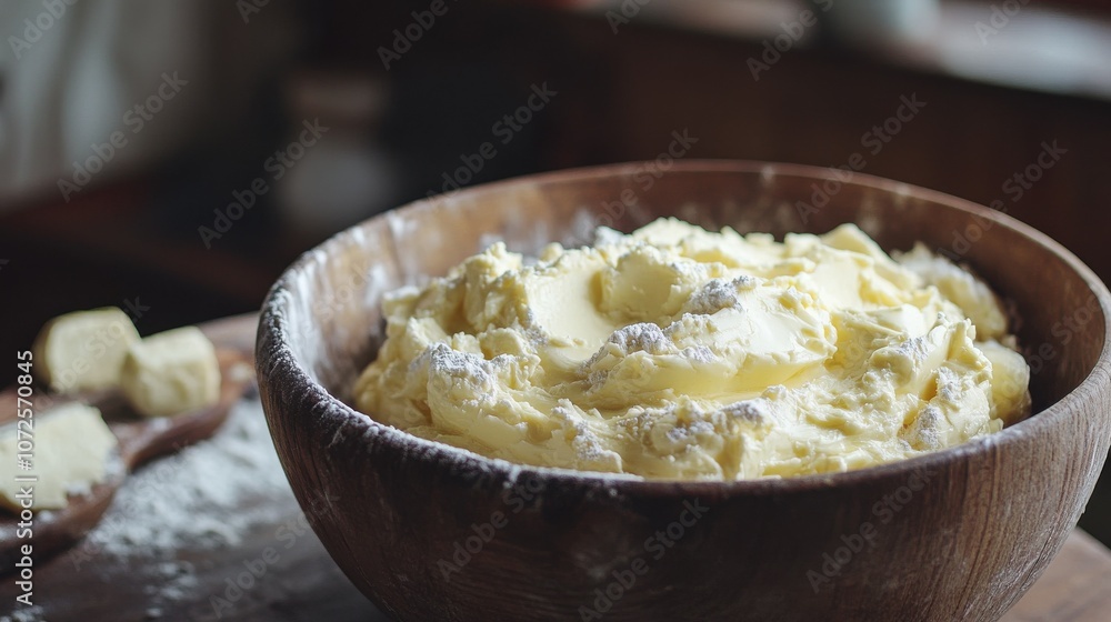 Freshly churned butter in a rustic wooden bowl Freshly churned butter in a rustic wooden bowl