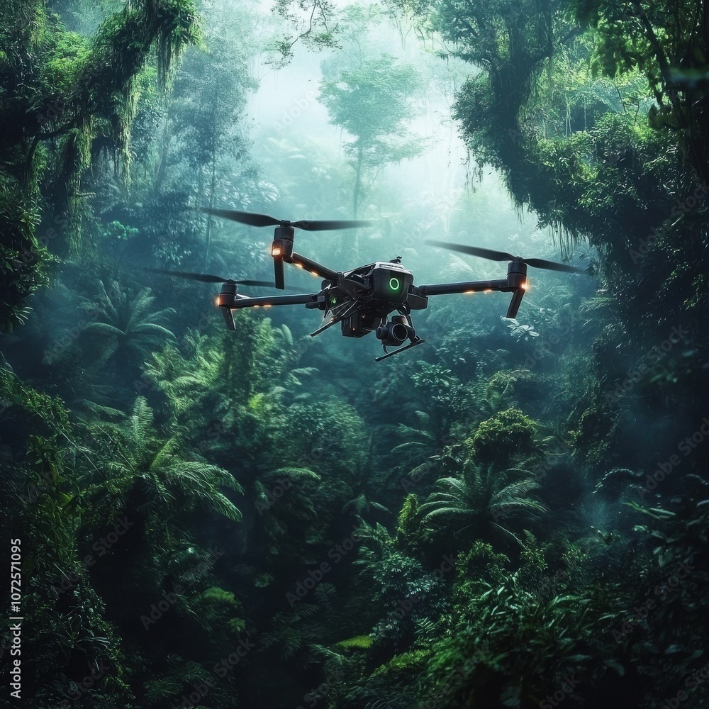 Naklejka premium Futuristic AI-powered environmental monitoring drones scanning forests and wildlife: Drones using AI to track ecosystem health and detect illegal logging or poaching.