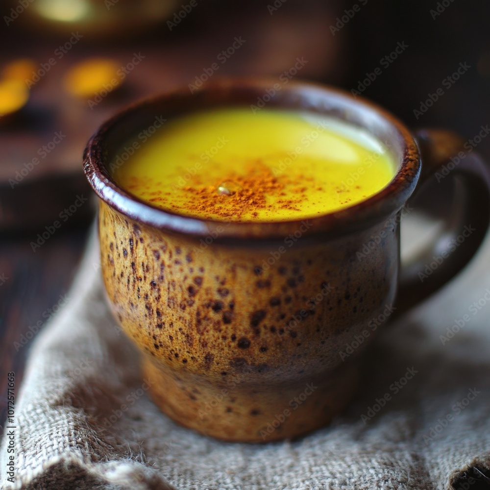 Golden turmeric latte in a rustic mug, glowing with health-boosting antioxidants Golden turmeric latte in a rustic mug, glowing with health-boosting antioxidants