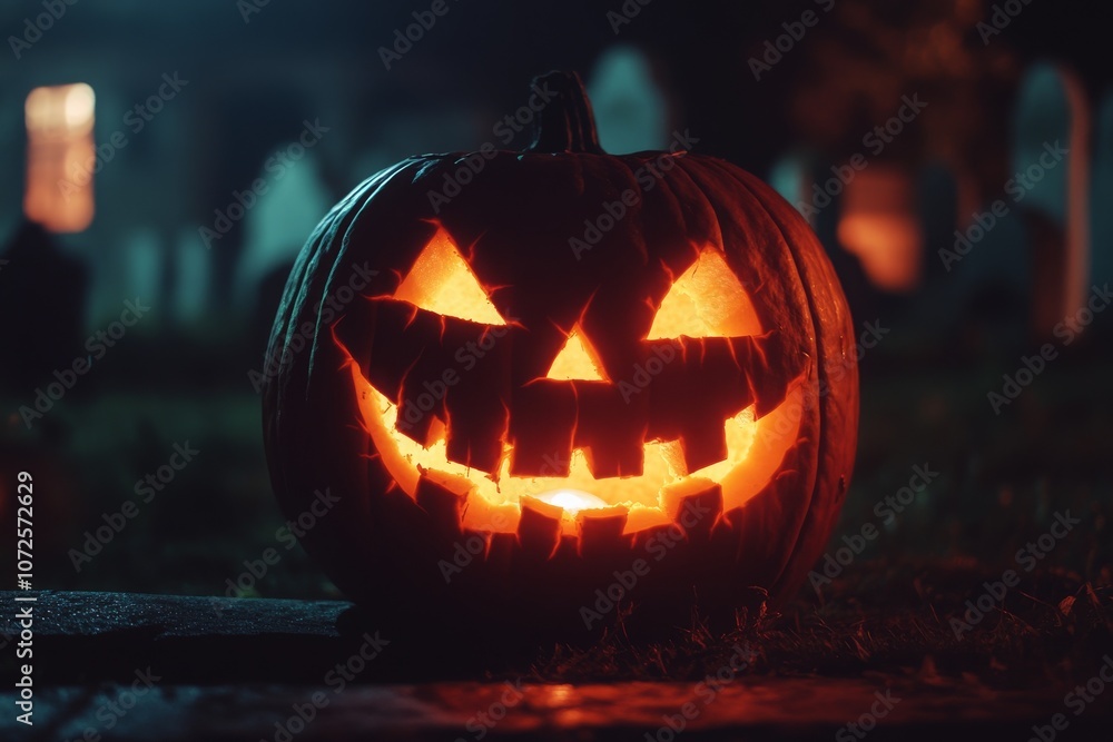 Glowing Carved Pumpkin with Creepy Face in the Dark Glowing Carved Pumpkin with Creepy Face in the Dark