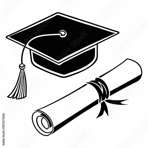 Silhouette of Graduation Cap and Diploma Scroll, Classic Black Graduation Icon on White Background