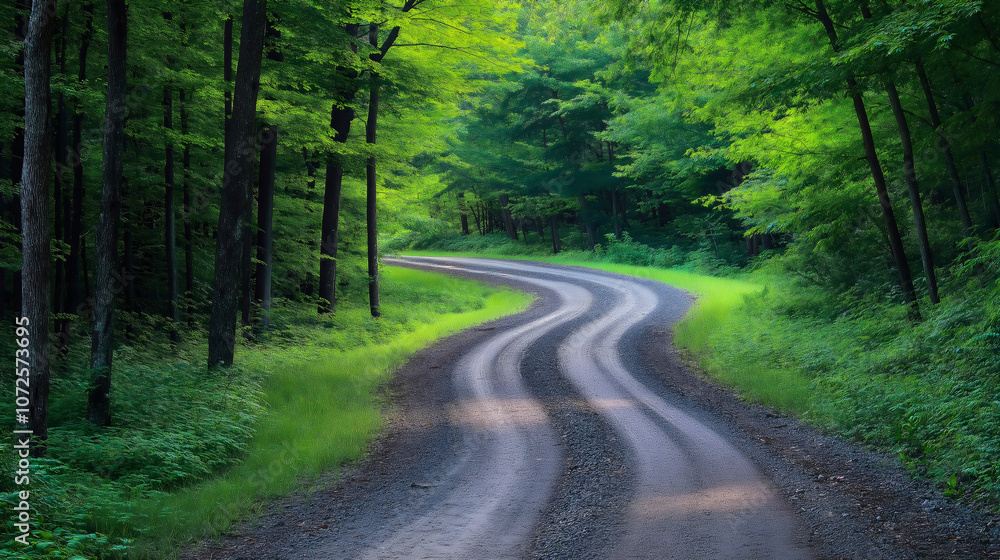 Fototapeta premium Winding gravel road forest, serene nature path way grass, rustic field track journey outdoor, scenic natural rural, countryside panoramic beautiful