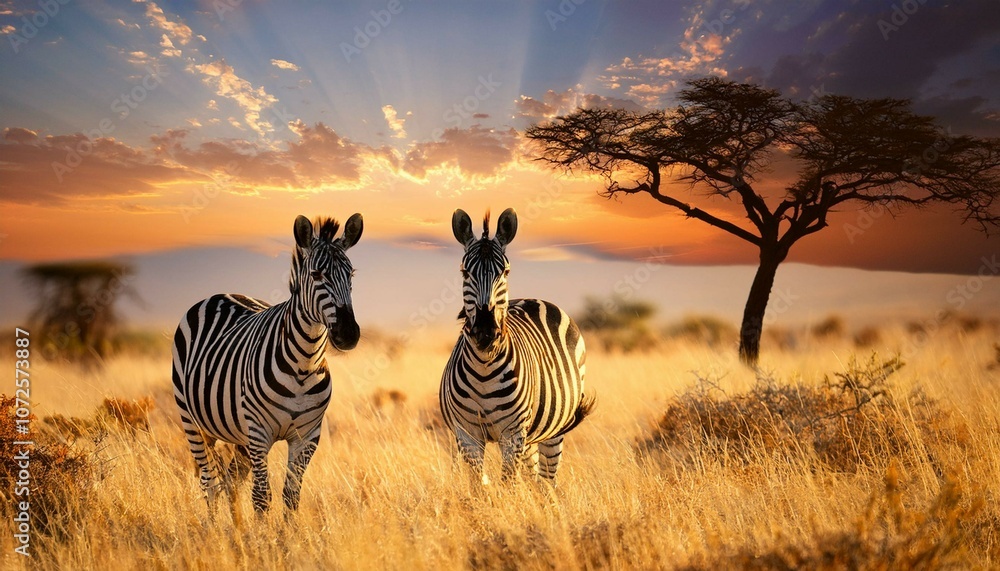 Naklejka premium zebra at sunset