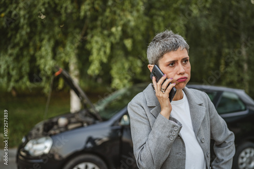 Angry mature woman calls for assistance in front broken down car