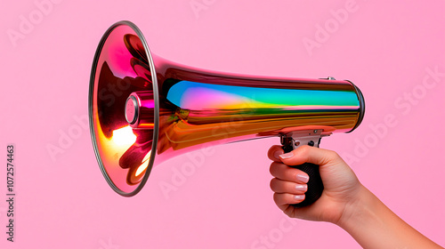 A close-up, minimalist photography style of a single hand clutching a vintage-style megaphone.