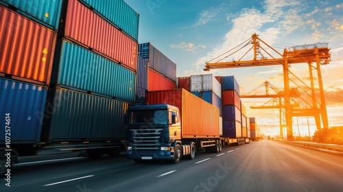 A truck transporting shipping containers at a port during sunset, showcasing logistics. photo