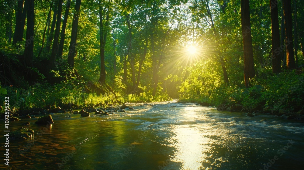 Serene river flowing through a lush forest bathed in warm sunlight during golden hour. Serene river flowing through a lush forest bathed in warm sunlight during golden hour.