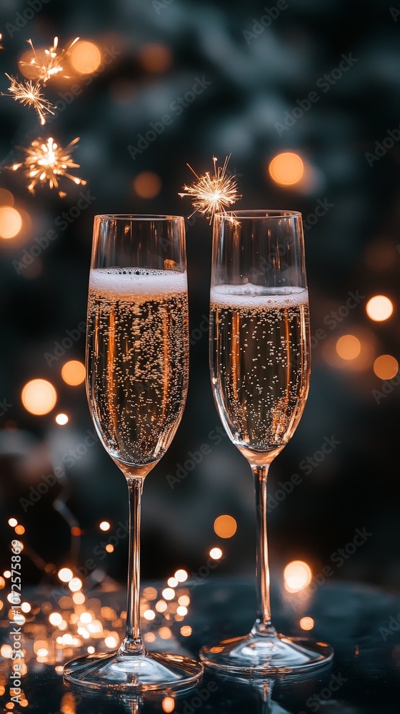 New Year's Eve clock and champagne with fireworks display