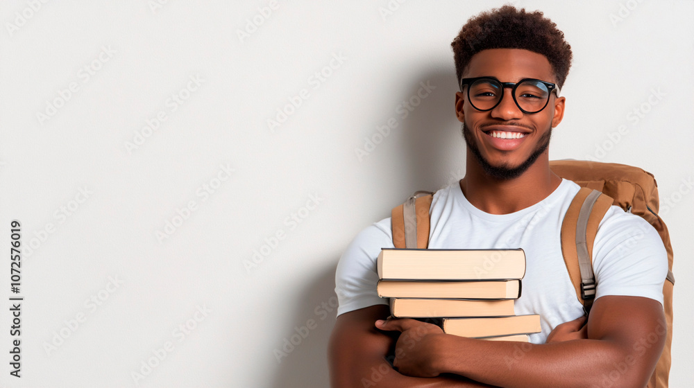 Smiling young African American college student with books and backpack, wearing glasses, isolated on white background. copy space Smiling young African American college student with books and backpack, wearing glasses, isolated on white background. copy space