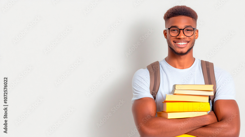 Smiling young African American college student with books and backpack, wearing glasses, isolated on white background. copy space Smiling young African American college student with books and backpack, wearing glasses, isolated on white background. copy space