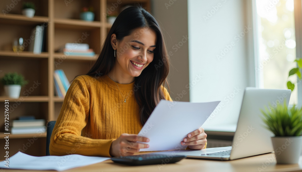 Woman Reviewing Documents in Modern Office Woman Reviewing Documents in Modern Office