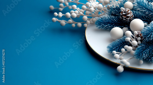 Winter Christmas and New year composition. Blue and white colors. Christmas tree, snowflakes, snow, berries photo