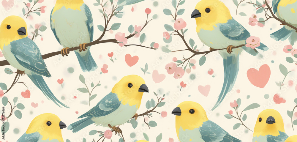 Cartoon Lovebirds and Roses in a Whimsical Decorative Pattern Cartoon Lovebirds and Roses in a Whimsical Decorative Pattern